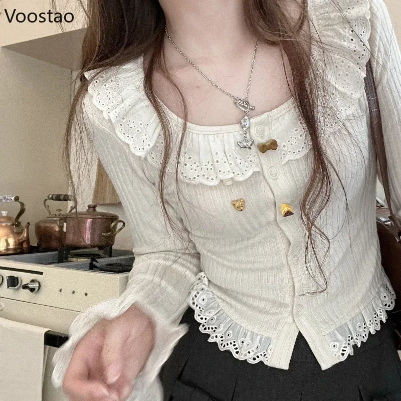 Autumn Kawaii Lolita Knitted Open Knitted Woolen Sweater Womens Japanese Sweet Lace Sweater Coat Womens Casual Korean Fashion Ultra Thin Elegant Kni