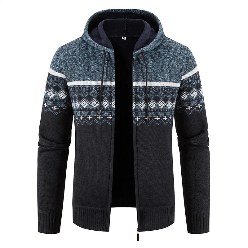 Winter Fleece Men Sweater Cardigan Hooded Knitted Print Sweatercoat Mens Casual Warm Cardigan Zipper Hooded Cardigan Men 240819