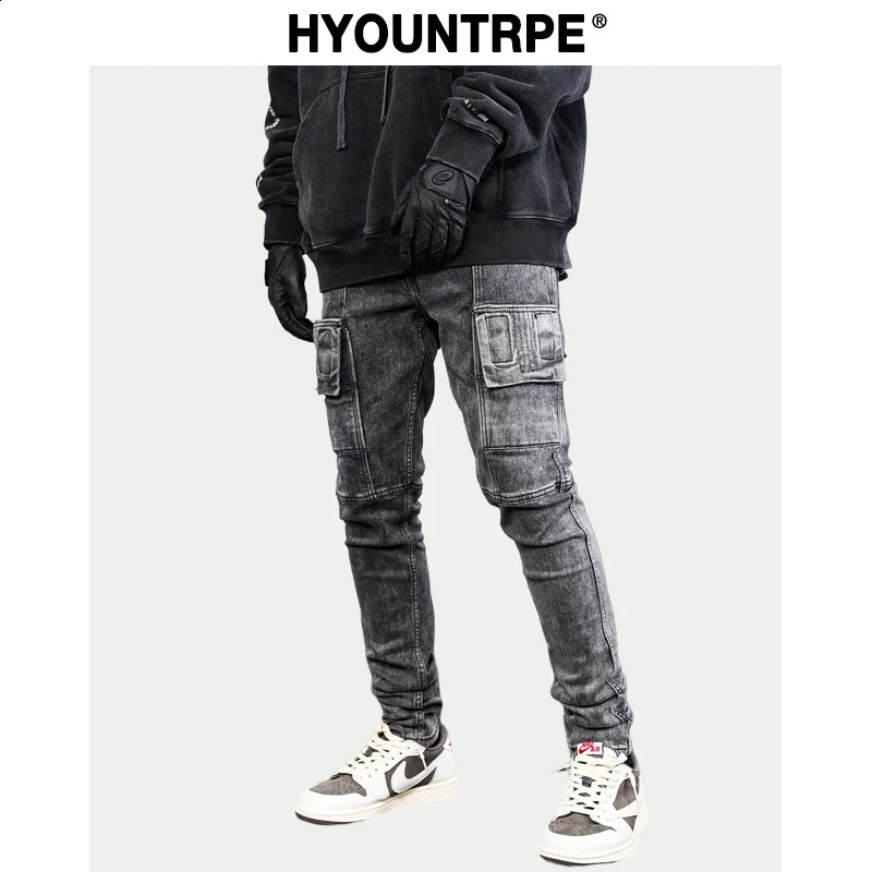 Side pocket denim retro jeans mens bicycle zipper jeans mens jeans Trouser hip-hop fashion high street slim fit jeans runner Y2k mens jeans 240819