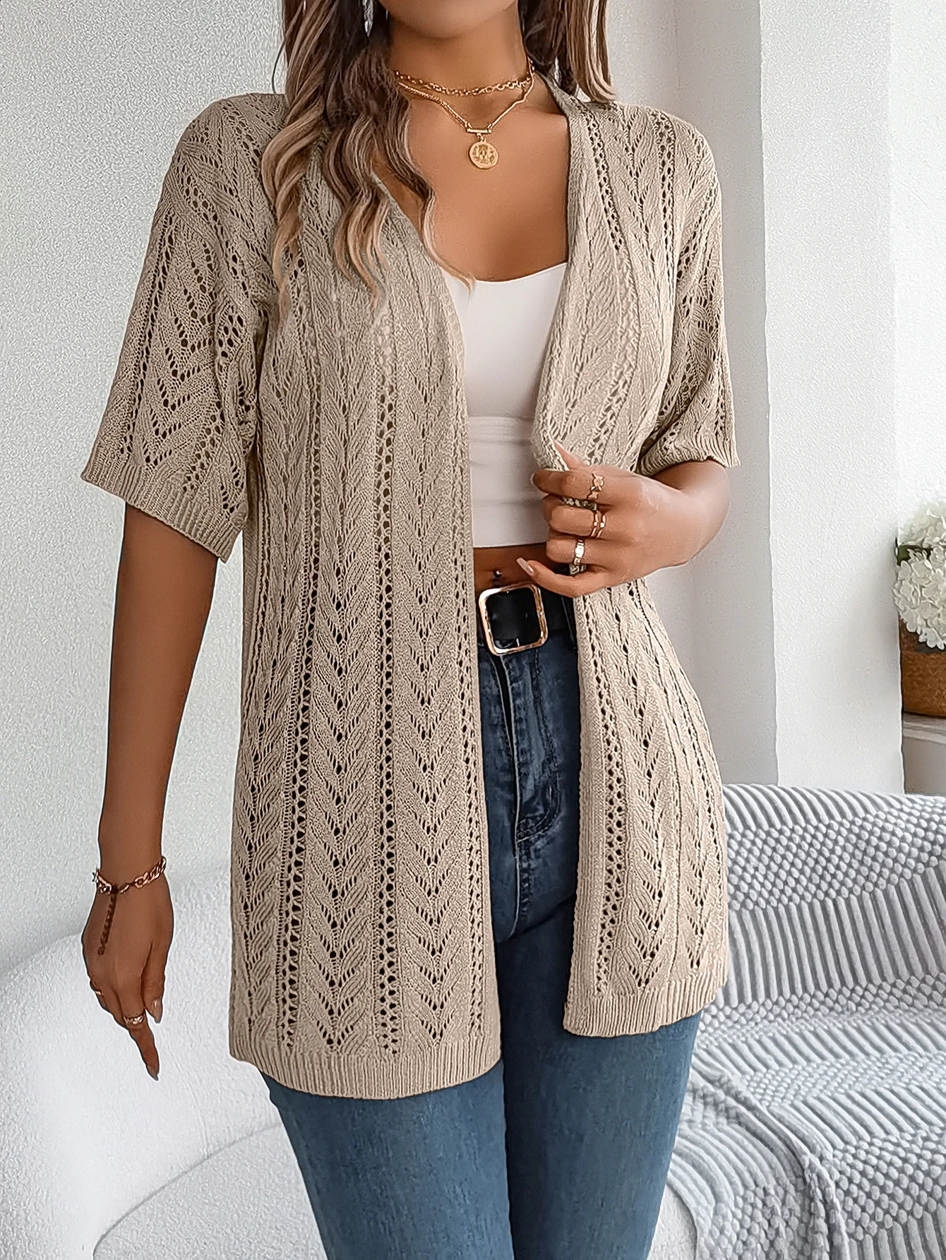 Elegant spring and summer knitted cardigan hollow short sleeved sun protection top 240819