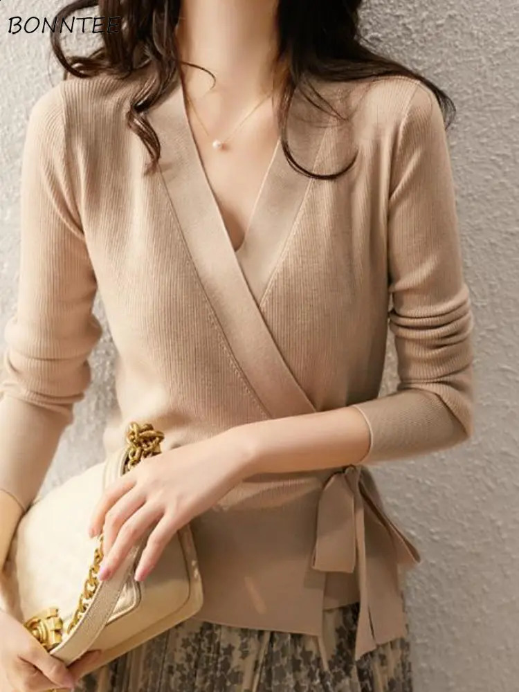 Pull de laine de cardigan en dentelle pour femmes élégants offices de bureau mature température solide année simple tricote en V V et pull doux e
