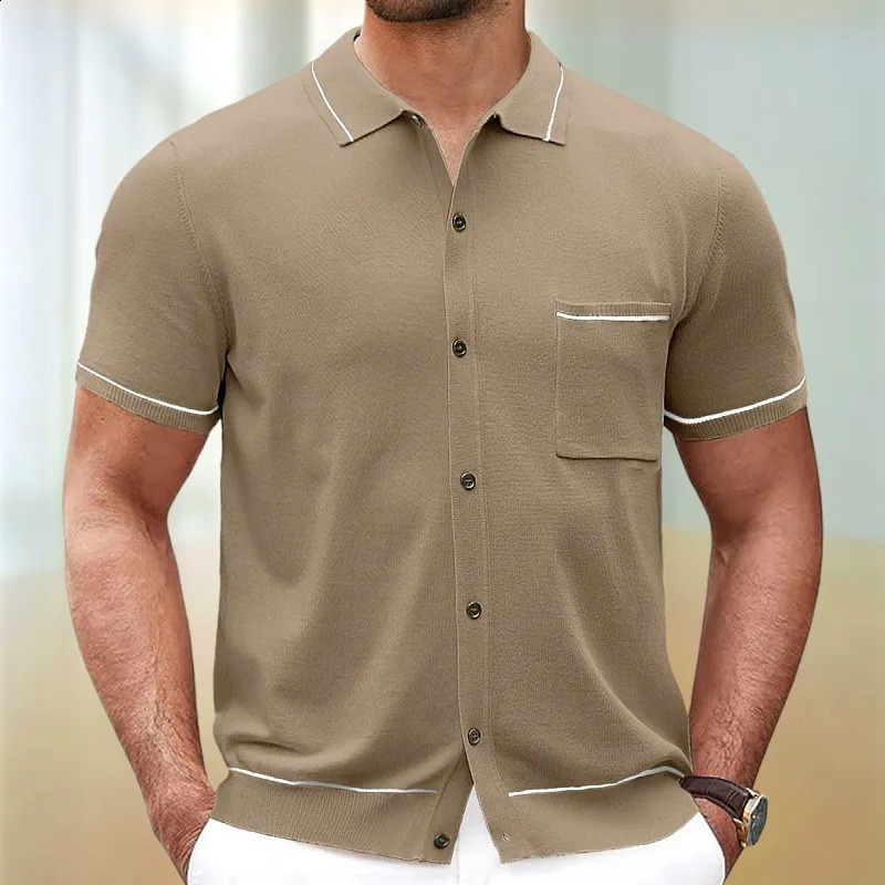 Mens Button-down Leisure Knitted Polo Shirt Streetwear Retro Solid Color Long Sleeve Chic Fashion Knitwear 240818