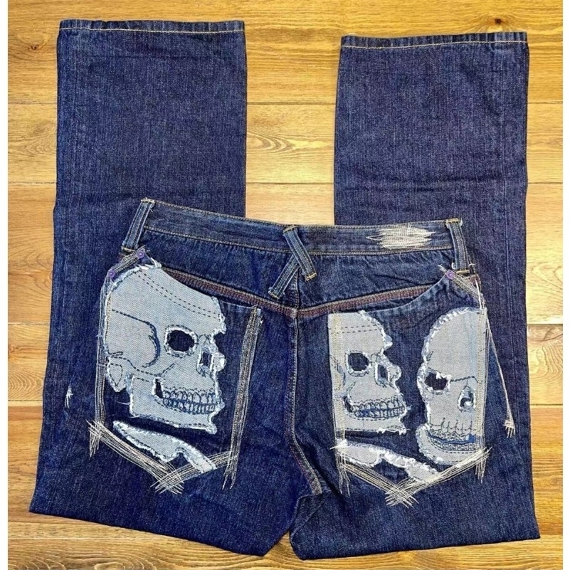 Y2K Skeleton Embroidery Harajuku Loose Jeans Mens Retro Hip Hop Trend 2024 Jeans Gothic Street Couple Casual Wide Leg Jeans 240819