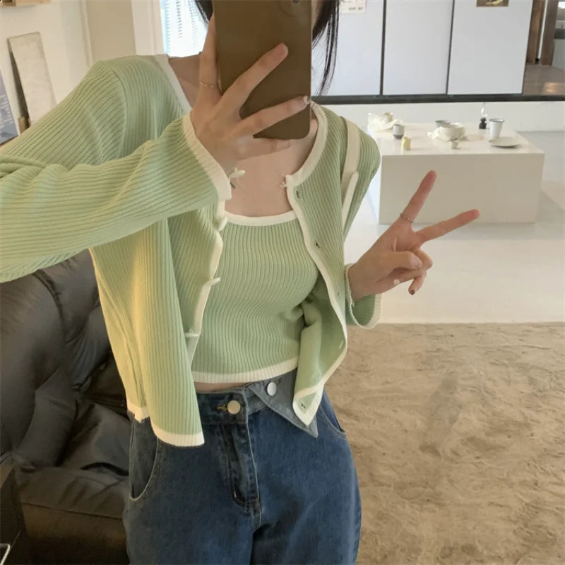 Retro Harajuku Street Womens Open en tricot Pull en laine de laine élégant Femmes coréen Casual Match Top Top Two Piece Sweet T-shirt 240819