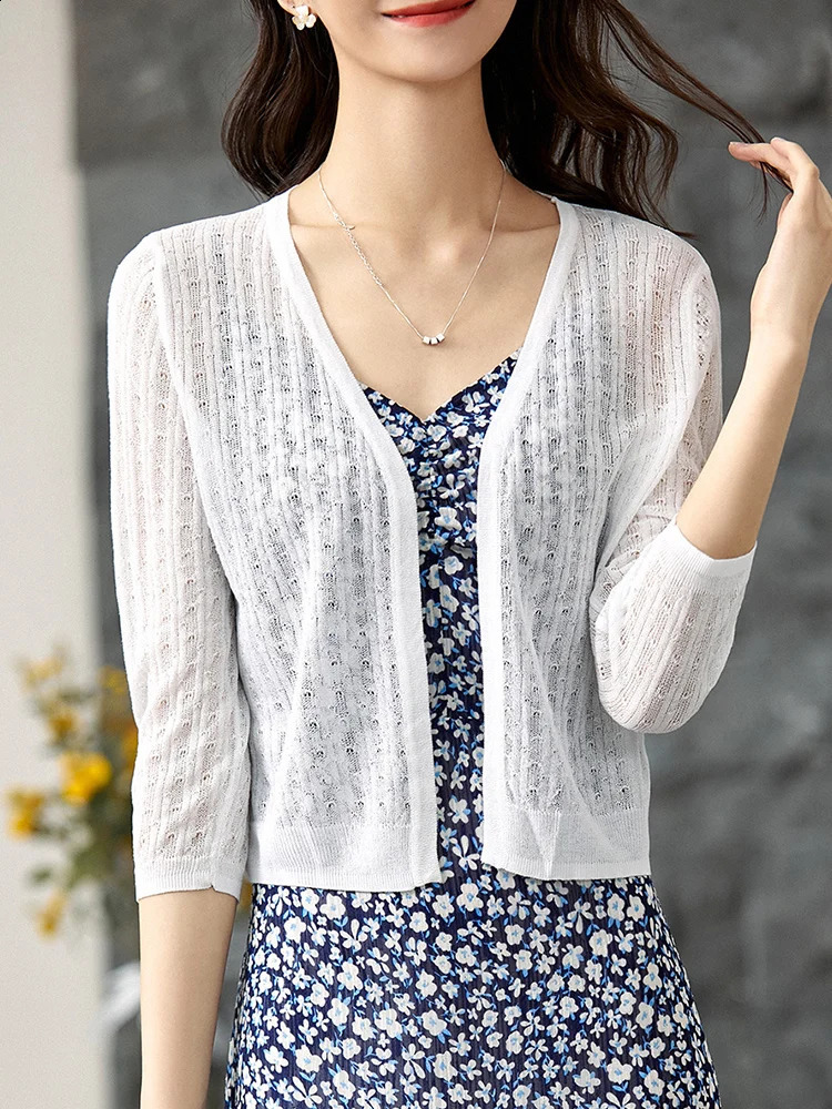 SENTUBILA Elegant Knitted Womens Cardigan 2024 Summer Fashion V-neck 1/3 Sleeve Basic Womens Shirt Womens Dress 240819