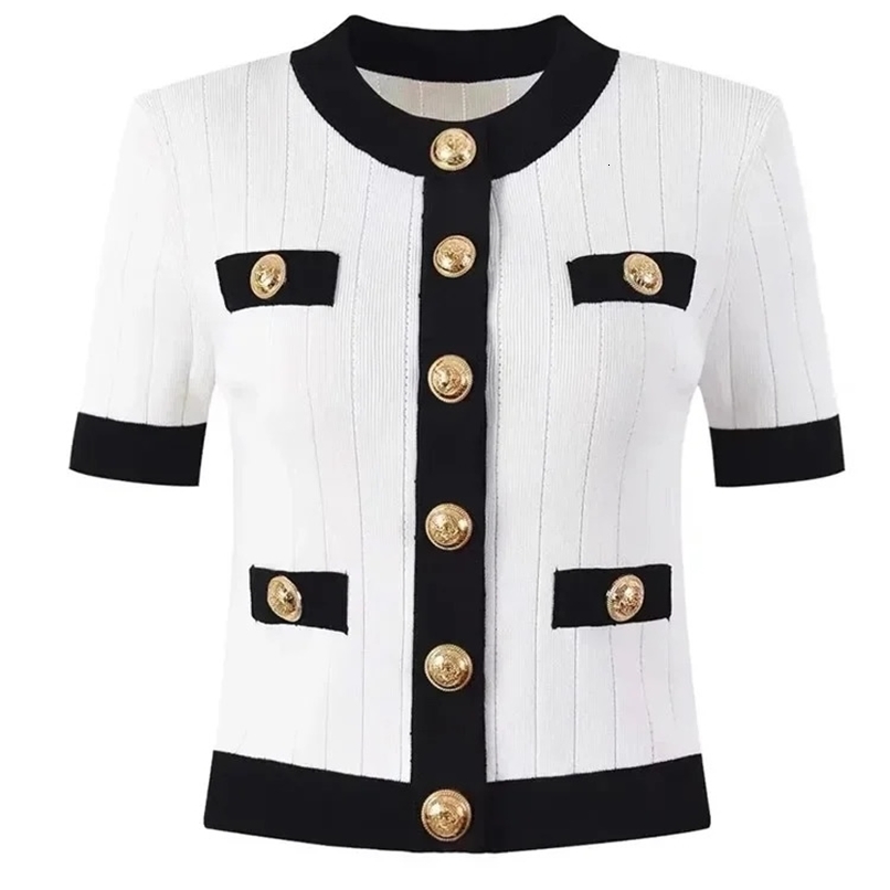 Fashionable retro knitted sweater womens gold button cardigan top 2024 summer short sleeved O-neck elegant and fashionable knitted top 240819