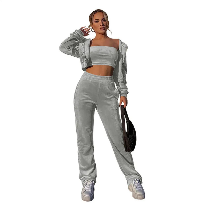 Sportswear Velvet Sports Pantalon Set à glissière 3 pièces V Crop jacketpants à manches longues Ensemble à sweat à capuche en velours 3 pièces 24
