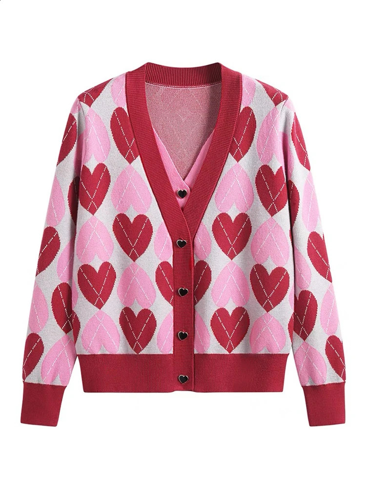 Automne Love Jacquard Tripted Cardigan Fashion Fashion Fashion Véries en V V Lot à manches longues Pull tricoté décontracté tricoté 240819