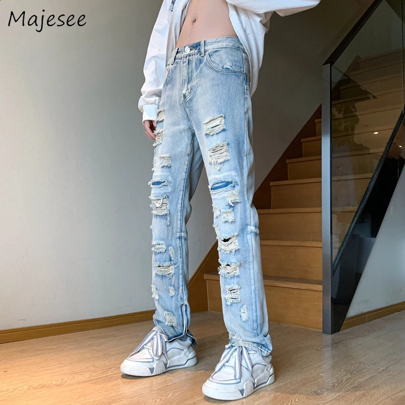 Tear open jeans mens hip-hop straight threesome denim Y2k clothing S-3XL cool European fashion street clothing teenage handsome Vaqueros chic 240819