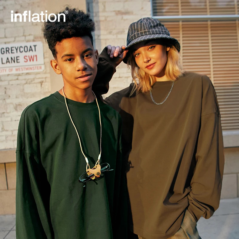 INFLATION Basic Cotton Long Sleeve T-shirts Men Heavyweight Oversize Tees Unisex Blank t-shirts Plus Size 240819