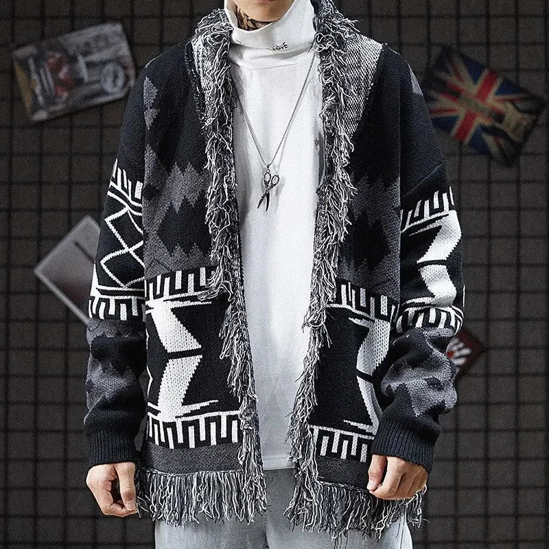Y2K Spring Autumn Knitwear Jacket Man Sweater Mens Clothing Fashion Tassels Top Loose Hip Hop Sweatshirt Hombre 240819