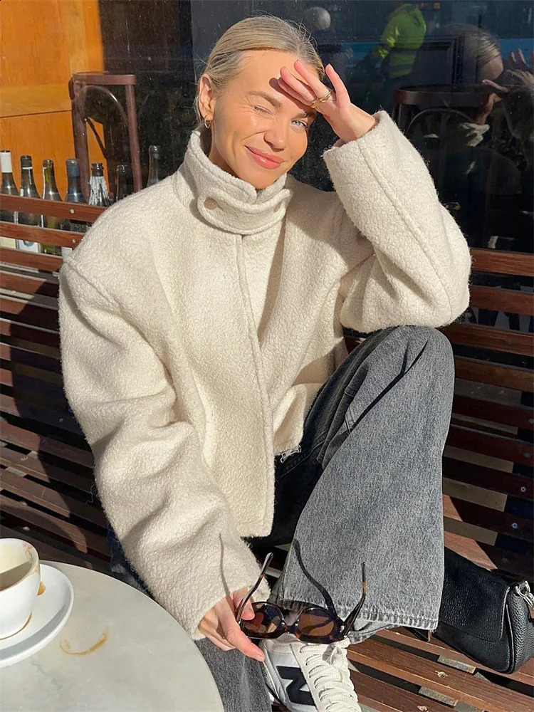 Tossy White Loose Turtleneck Outwar Winter Patch Work Womens Fashion Long Sleeve Open cardigan High Waist Womens Solid Coat 240819