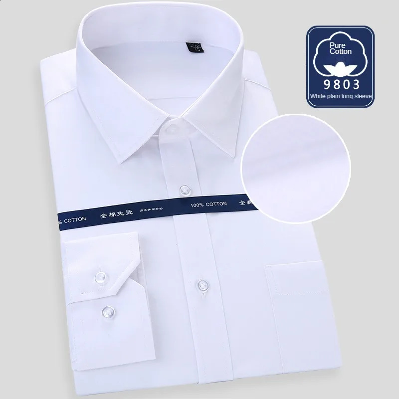 High Quality Free Ironing Men Dress Long Sleeve Shirt 100% Pure Cotton Solid Male Regular Fit Business Shirt White Blue 240818