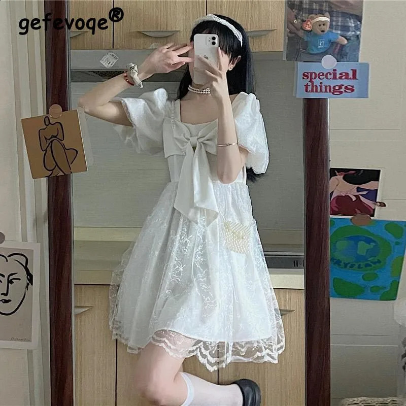 Japonais lolita kawaii manche courte vintage robe en dentelle femme décontractée sweet arc y2k fête mini robes femelle coréenne d'été 240819