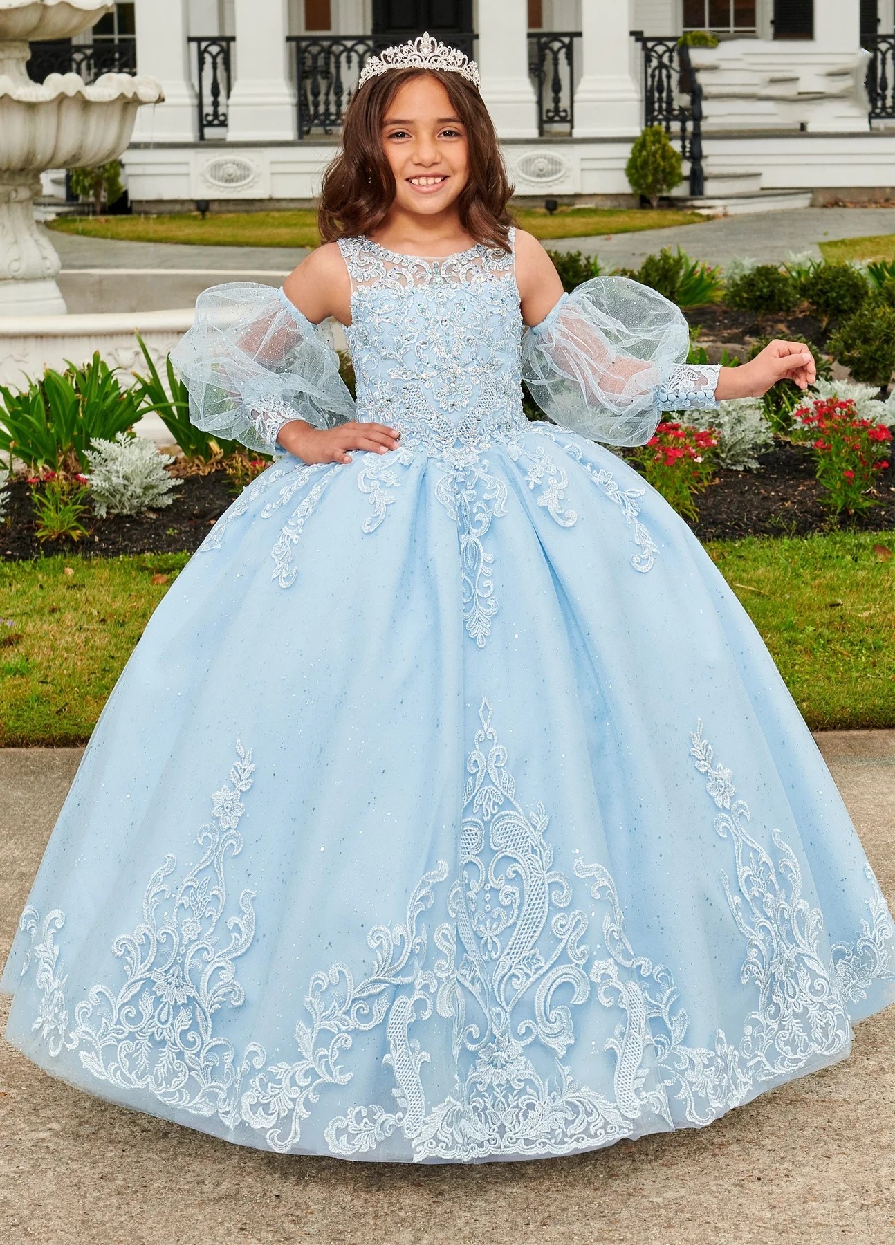 Ciel bleu mini robes quinceanera robe de bal robe de ballon transparent en tulle appliques en dentelle robes de fille de fleur perle pour les mar