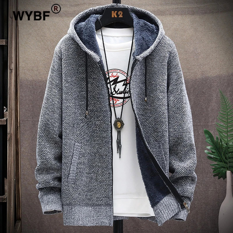 Mens Winter Knitted Sweater Print Korean Fashion Clothes Knitwears Clothing Cardigan Hood With Plush And Thickened Fleece 240819