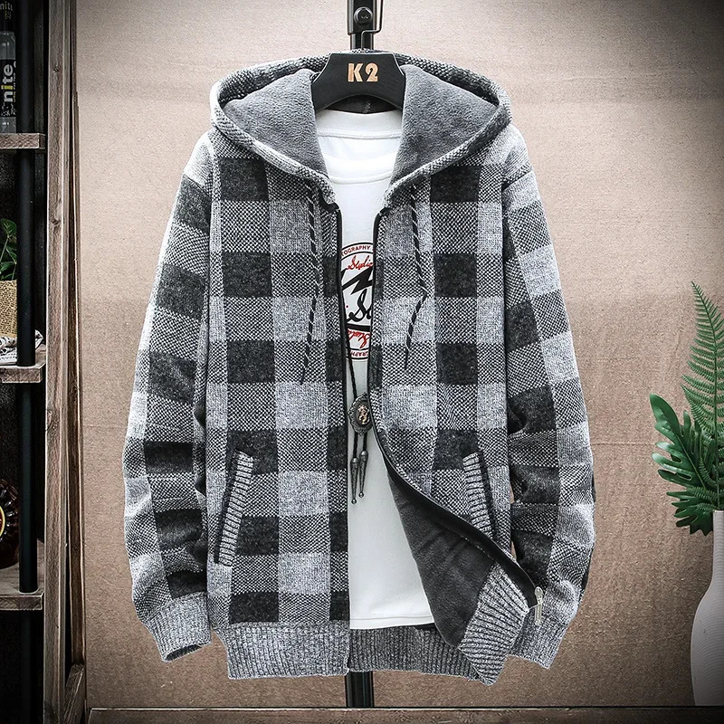 Knitted Cardigan Sweater Fall/Winter Fleece Male Jacket Mens Clothing Plaid Printed Long Sleeve Warm Hooded Sweater Coat 240819