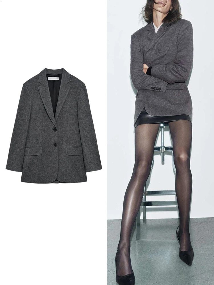 TRAF Womens Autumn and Winter Wool Blend Blazer Fashion V-Neck Long Sleeve Pocket Blazer Casual Office Womens Tops 240819