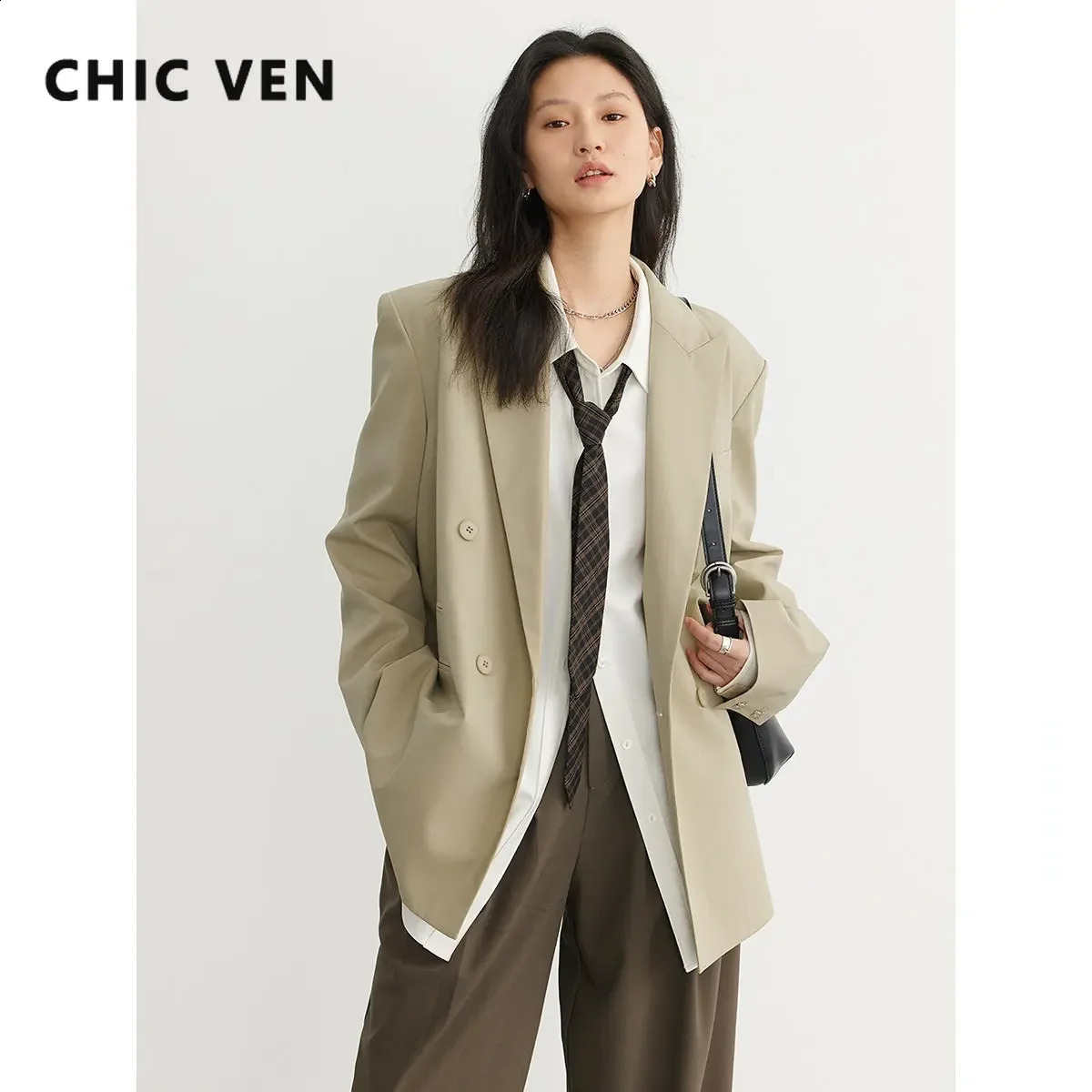 CHIC VEN Fashion Womens Blazer Double-breasted Jacket Coat Official Lady Tops Woman Cloth Female Outerwear Spring Autumn 240819