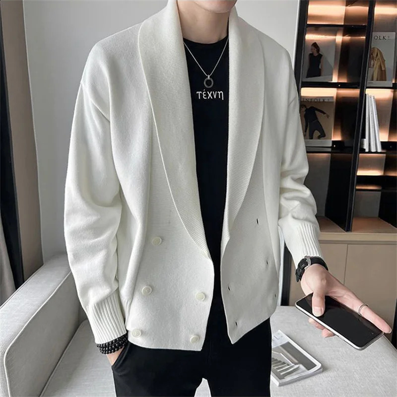 Y2K Spring Autumn Knitwear Coat Man Double-Breasted V-Neck Mens Clothing Sweater Loose Solid Colour Cardigan Hombre 240819