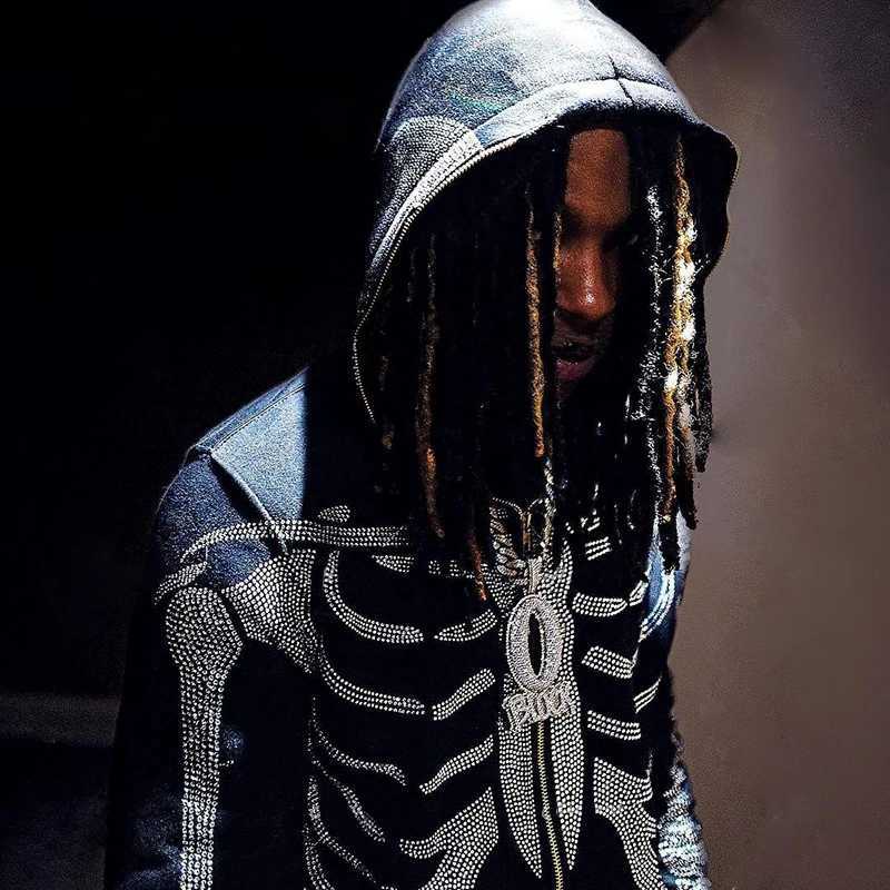 Sweats à capuche swetshirts gothiques squelettes diamants longs squelette y2k veste à sweat à capuche super complet à sweat à fermeture éclair go