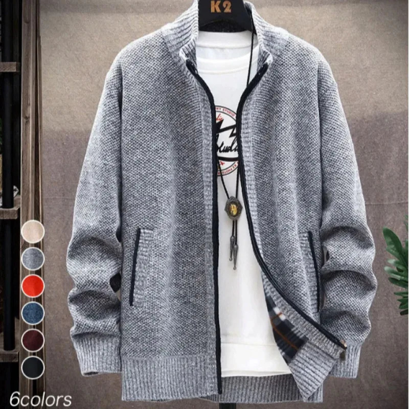 Pull en tricot pour hommes d'âge moyen veste cardigan épaissie rembourrée veste tricotée à col montant ample 240819