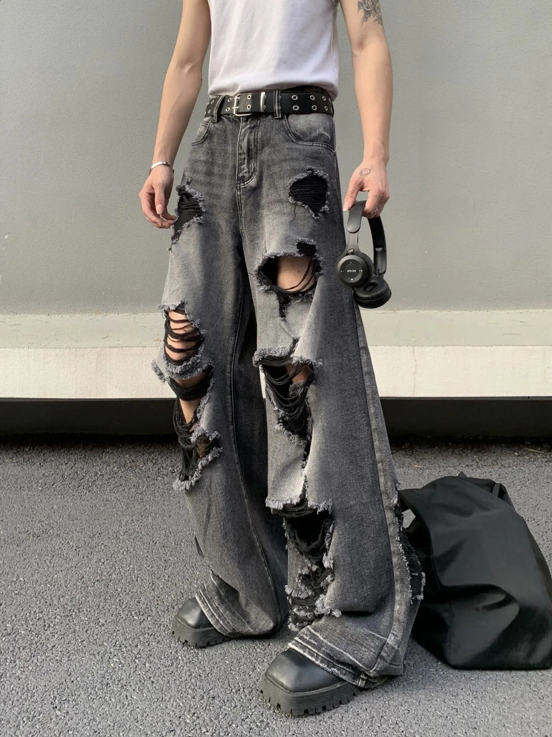 Y2K Retro Jeans Harajuku Hip Hop Ripped High Street Loose for Mens and Womens Wear Waist Wide Leg Trousers 240819