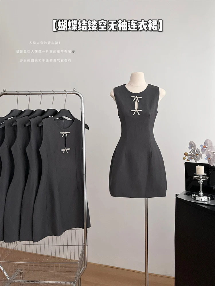 Summer Bow Vintage Elegant Sans manches Hollow Out robe Women Mini A-Line Frock Evening Party 2000 ONE OND TEEL FRANÇAIS 240819