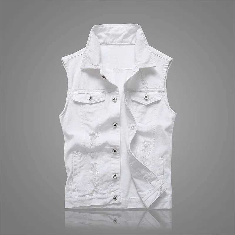 Men's Jackets Summer Mens Ripped Denim Vest Male Tank Top Washed Jeans Waistcoat Man Retro Cowboy Hip Hop White Sleeveless JacketL248