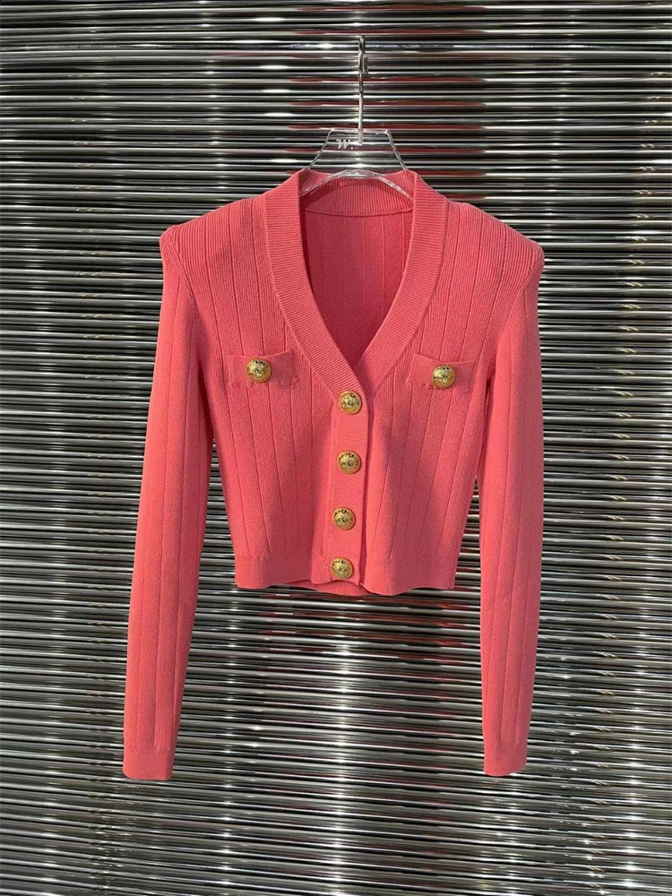 High quality womens fashionable spring retro elegant cute button V-neck elastic thick ice silk knitted cardigan top 240819