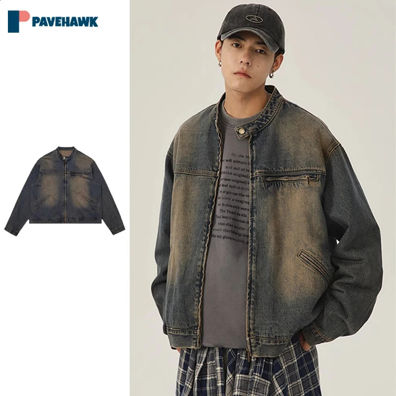 Retro Distress denim jacket mens spring and autumn casual loose unisex washed Japanese 240809