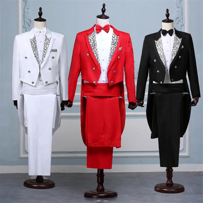 Tailcoat Suits Men Vest Jacket White Tail Coat Chorus Tuxedo Floral Stage Costume Singer Performer Magician Host Outfits 240819