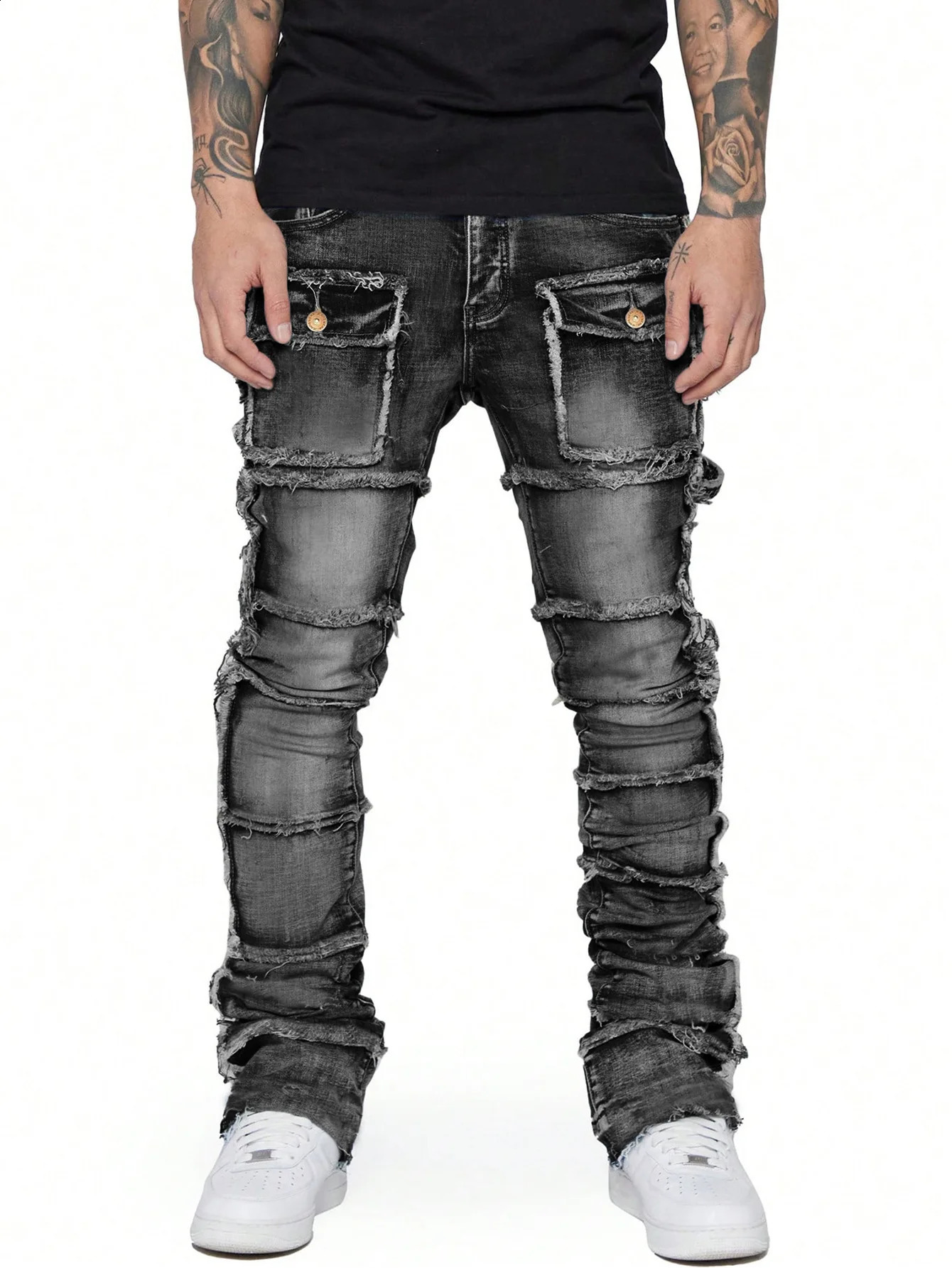 Jeans de cargaison rétro extensible hommes Ripped lavé y2k pantalon droit des jambes pantalons en jean patchés 2024 240820