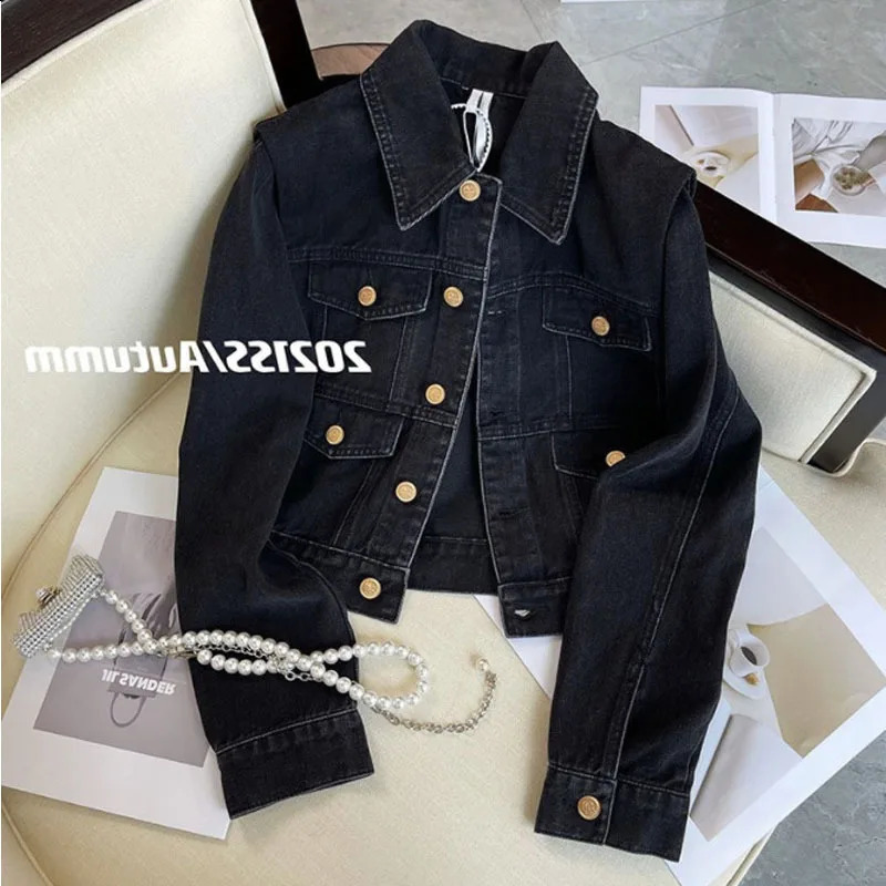 Spring Womens Black Denim Jacket Fashion Edition Arcade Trend Collar Single breasted Long sleeved Coat Y2k Top 240819