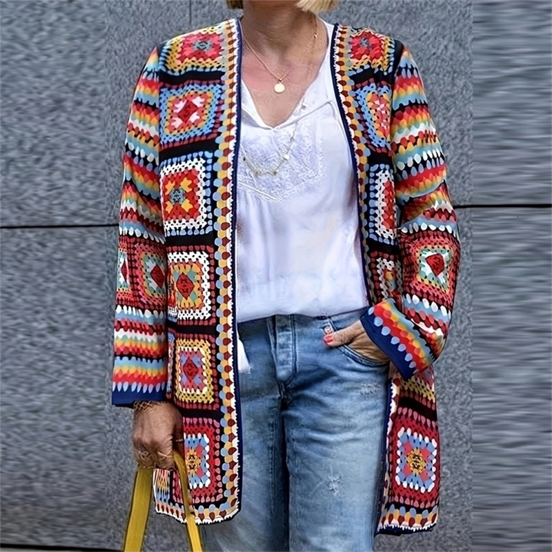 Ethnic retro color geometric print crochet cardigan womens autumn V-neck trench top jacket winter long sleeved jacket 240819