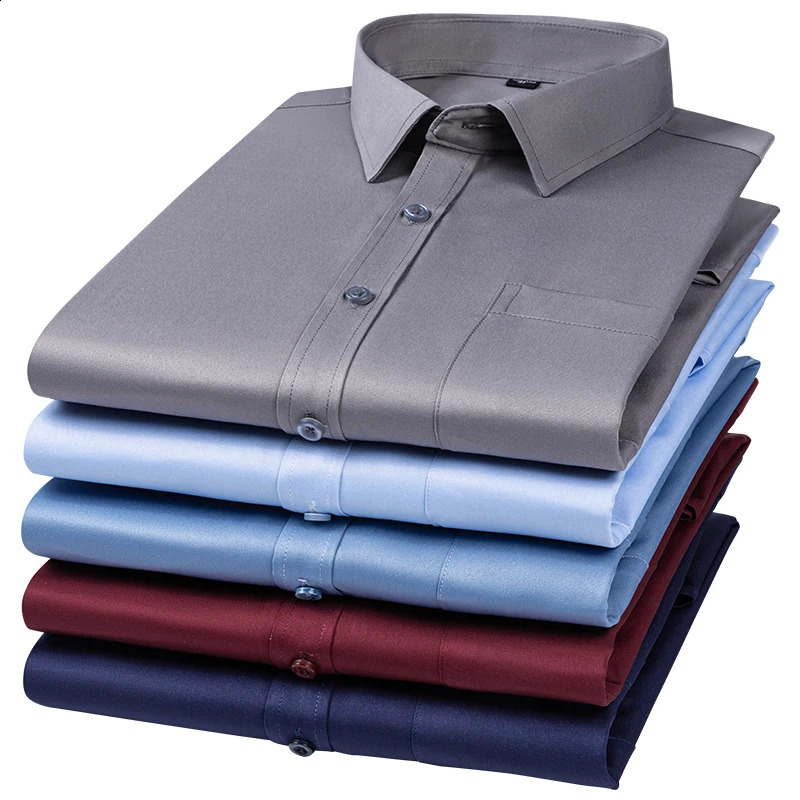 M-7XL Mens Ice Silk Long Sleeved Shirt Wrinkle Resistant And Non Ironing Solid Color Business Fashion Casual Formal Social Tops 240818