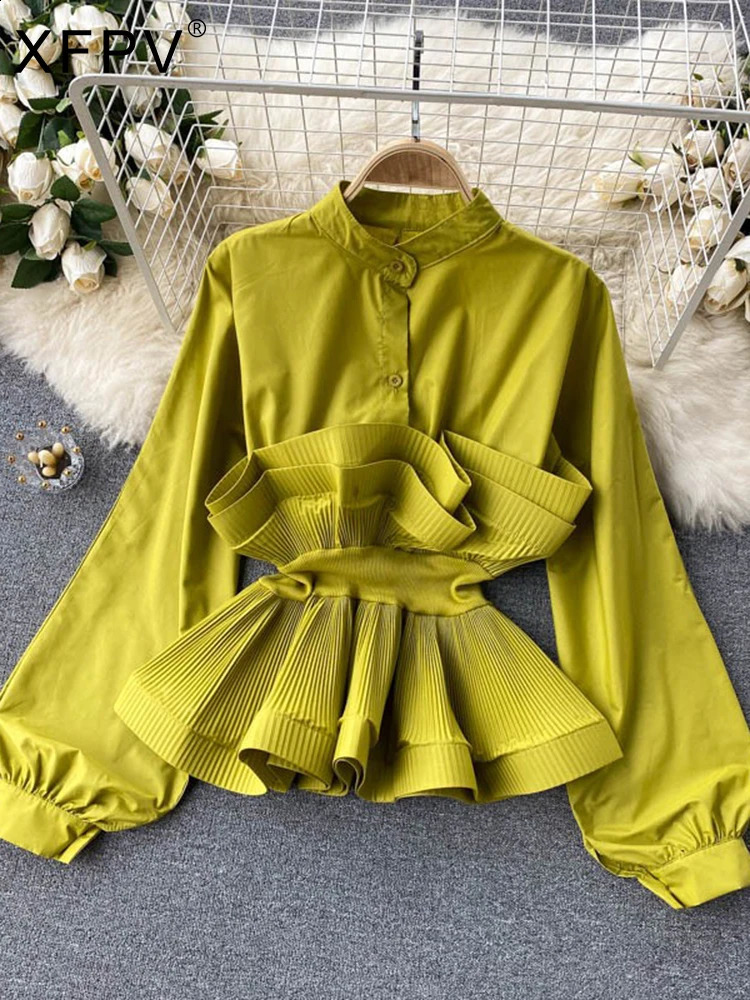 XFPV Womens Puff Long Sleeve Folded Edge Shirt Patch Working Temperature Y2k Ultra Thin Waist Shirt Sweet Korean Summer 240820