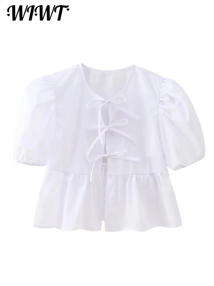 Lace Lace Fluffy Half Mancheve Womens Shirt Elegant Elegant Solid Hollow O-Leck Womens 2024 Spring / Summer Fashion Shirt 240820
