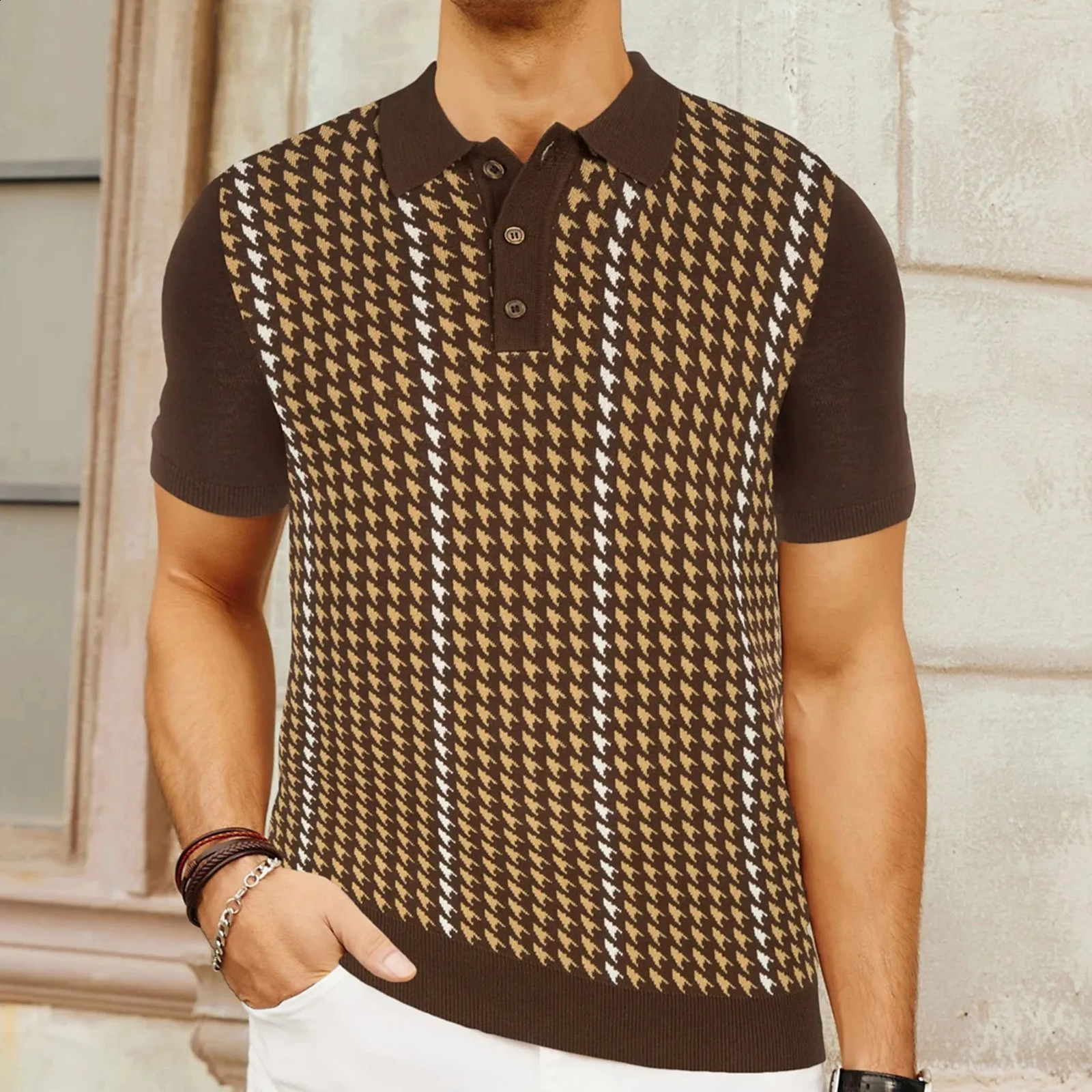 European and American Summer High end Ice Cool Silk Knitted Thousand Bird Grid Jacquard Business Polo Shirt 240820