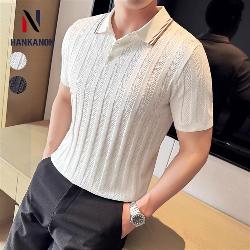 Mens Business Casual Polo Shirt Ice Silk Striped Collar Top Highquality Shortsleeved Tshirt for Spring and Summer 2024 y240819