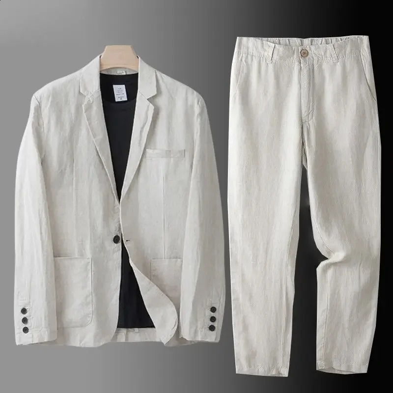 Summer Cotton Linen Blazers Pants Suit Mens Loose Casual High Street Sunscreen Jackets Long Trousers Set Male Clothes 250814