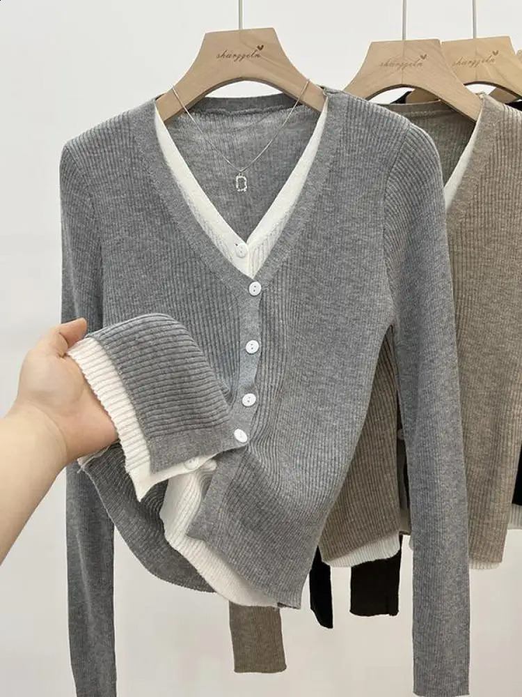 French Women Autumn Winter Elegant Single Breasted V-neck Patchwork Knitted Sweater Fashion Solid Cardigan Tops 240820