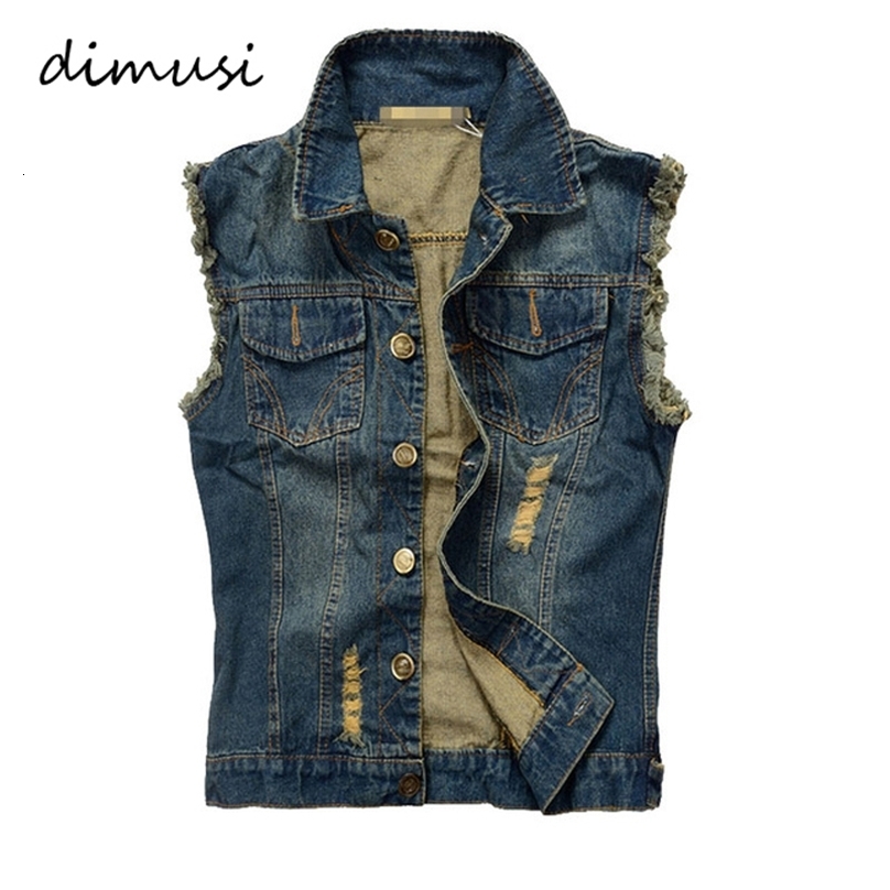 DIMUSI Summer Mens Tear Denim Tank Top Wash Denim Tank Top Mens Retro Denim Hip Hop Sleeveless Jacket 6XL YA564 240819