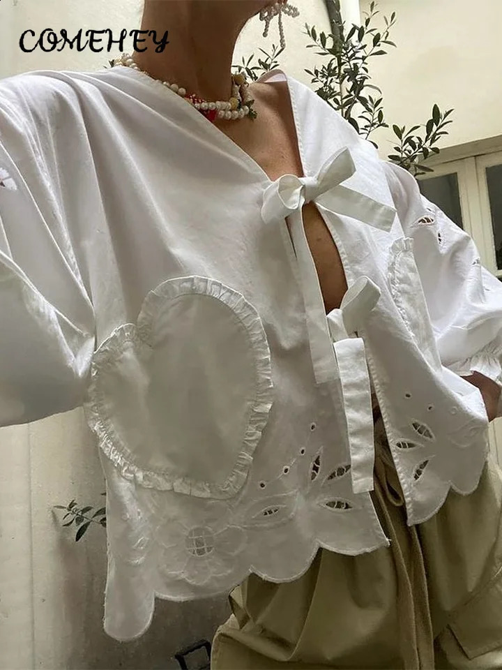 Solid lace hollow womens shirt casual lantern long sleeved V-neck womens shirt 2024 spring fashion top 240820