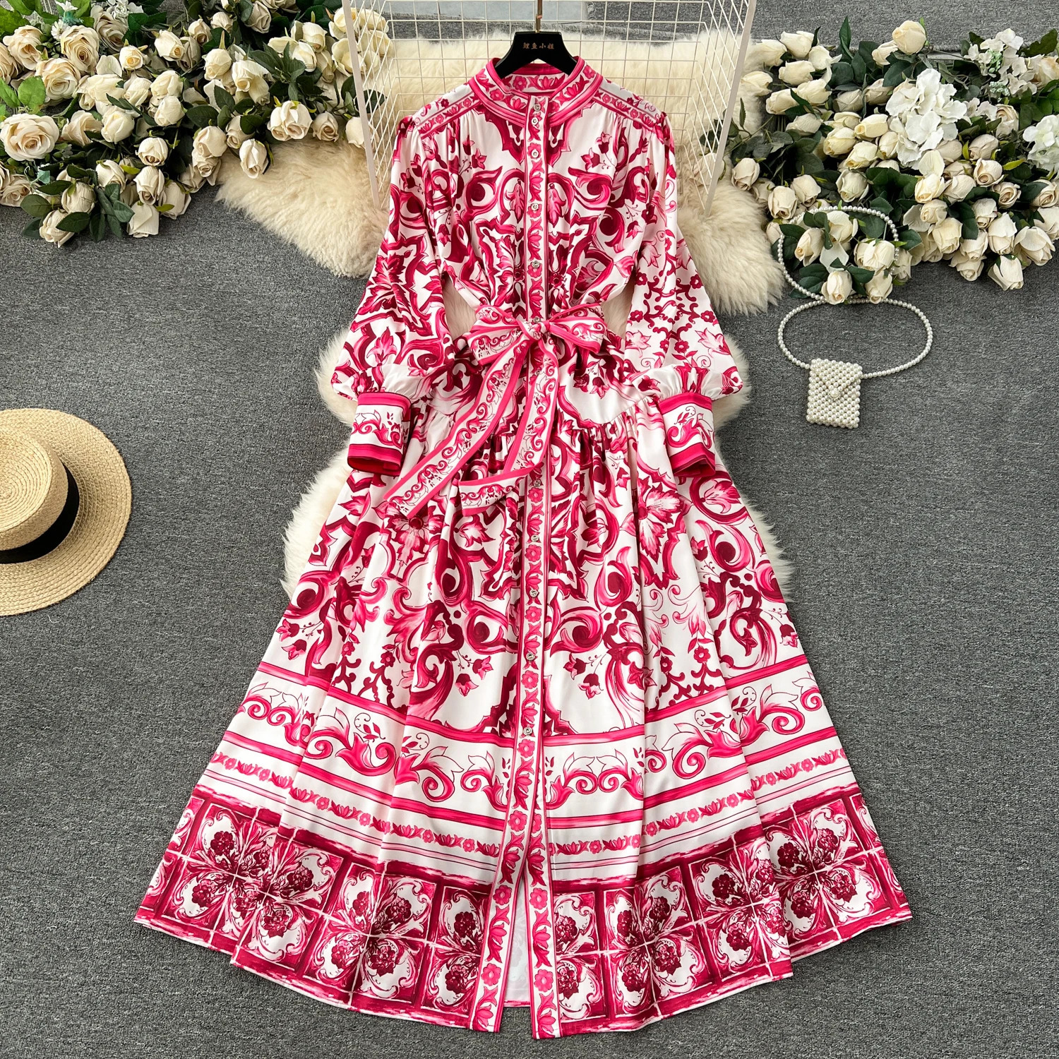 Chic Elegant Print Patchwork Bandages Long Sleeves Single Breasted Dress A-line Vacation Party Women French Autumn Vestidos 240819