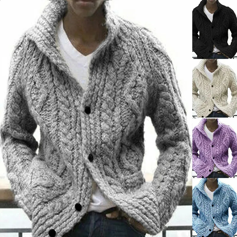 Cardigan d'automne et d'hiver Men de cardigan de couleur solide revers à manche en tricot à manches longues Cardigan 240819 à manches longues 240