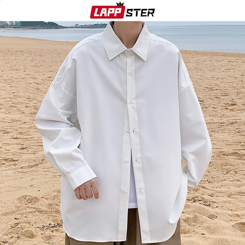 LAPPSTER Men White Solid Vintage Shirts Mens Harajuku Fashion Oversize Shirt Male Black Casual Streetwear Blouses Plus Size 240820