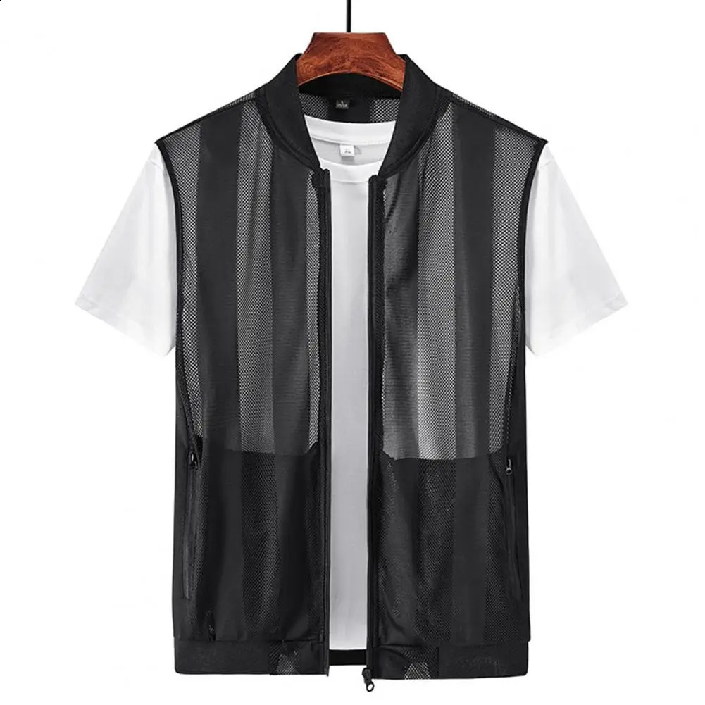 Baseball collar sleeveless pocket zipper board fishing vest summer mens mesh hollow waist belt 240819