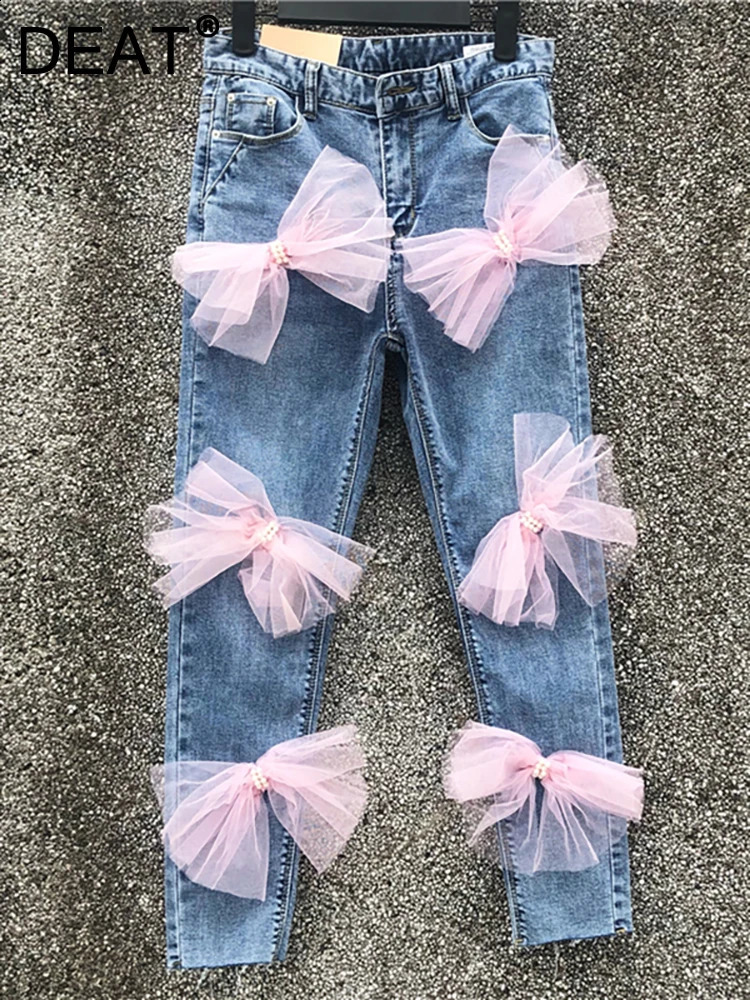 DEAT womens high waisted ultra-thin pink mesh bow pearl elastic womens denim ankle pants 2024 autumn fashion 240820