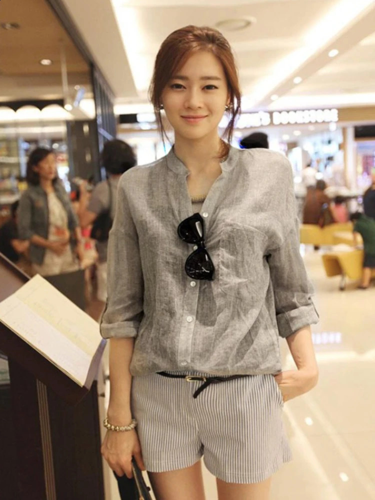 Casual long literary womens autumn shirt cotton linen shirt womens retro winter loose standing collar shirt 240820
